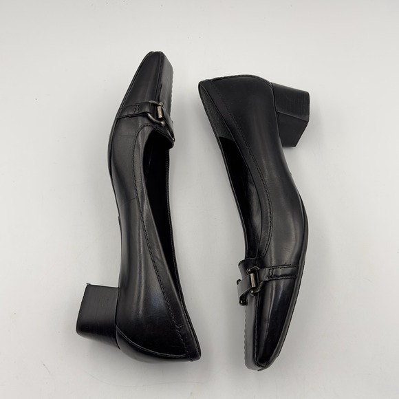 Enzo Angiolini Womens Black Leather Shoes Block Heel Pumps Black 7.5 Metal Tab - Picture 4 of 11
